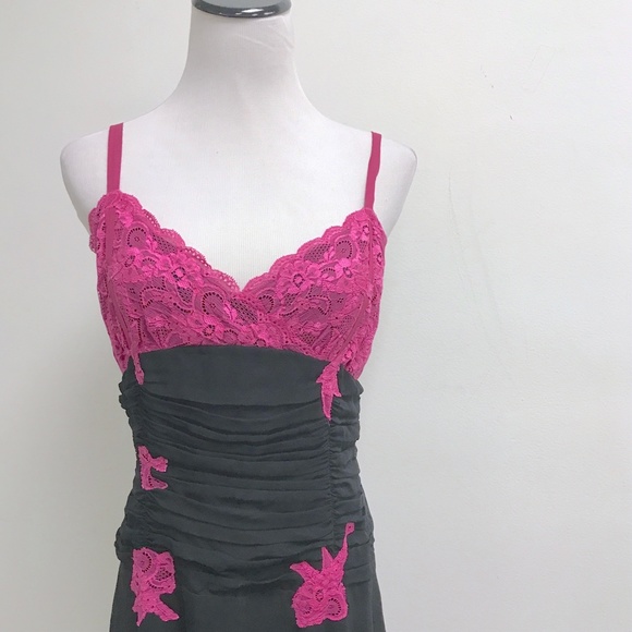 Betsey Johnson Black pink lace spaghetti strap silk midi evening party dress 10 - Picture 1 of 12